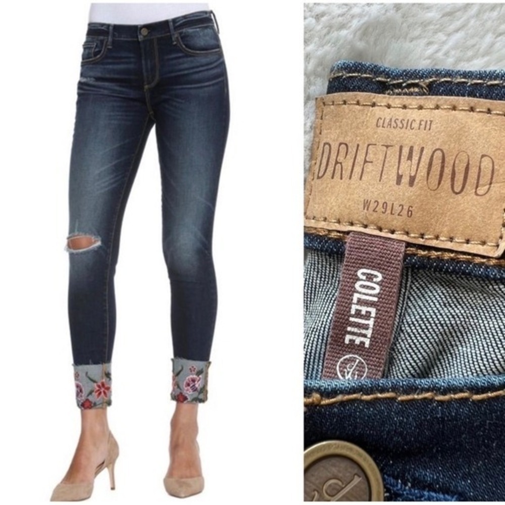 Driftwood Colette Classic Fit Embroidered Cuff Jeans Dark Wash Size 25